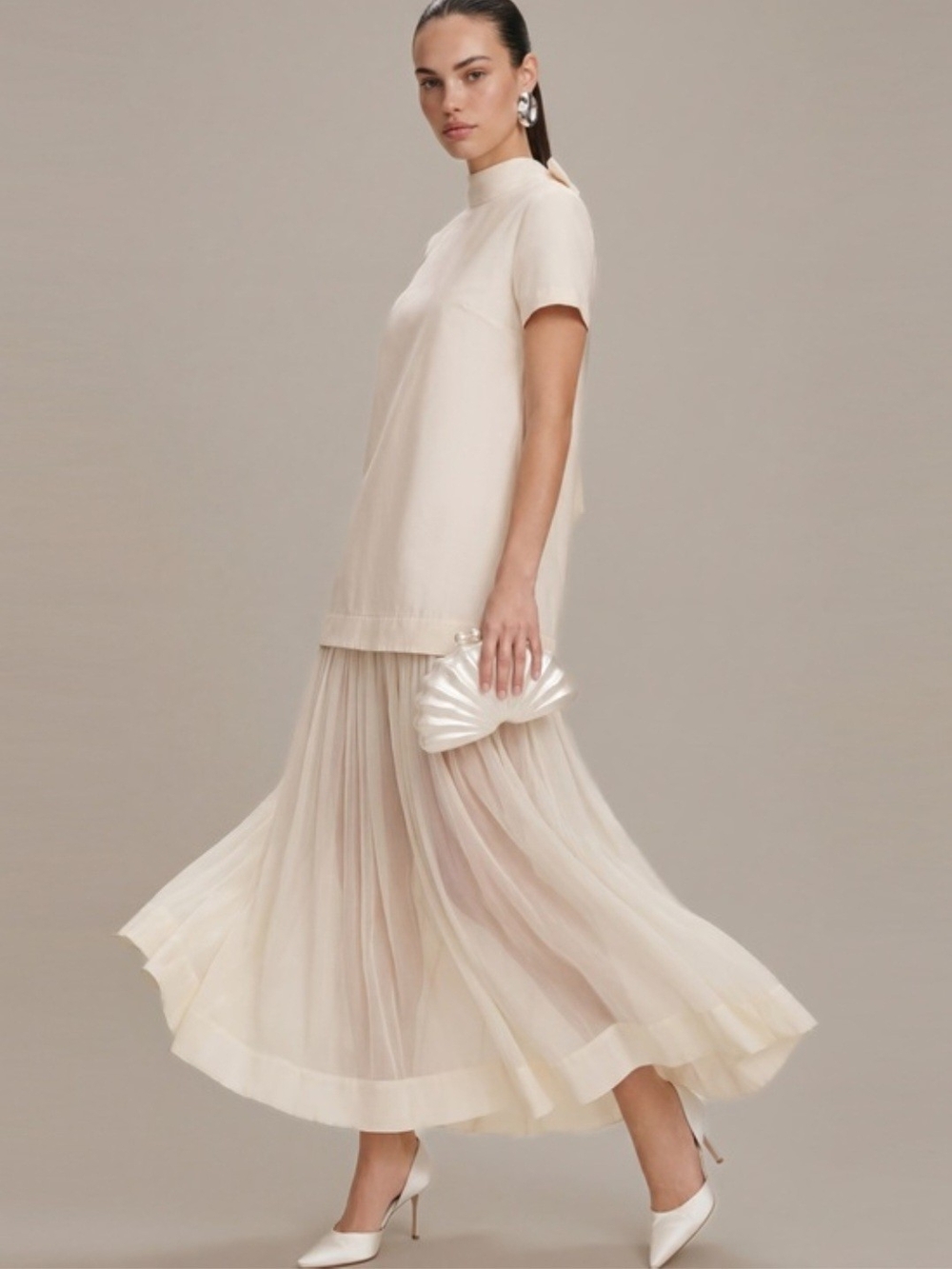 Women's Cream Pleated Tulle Maxi Skirt